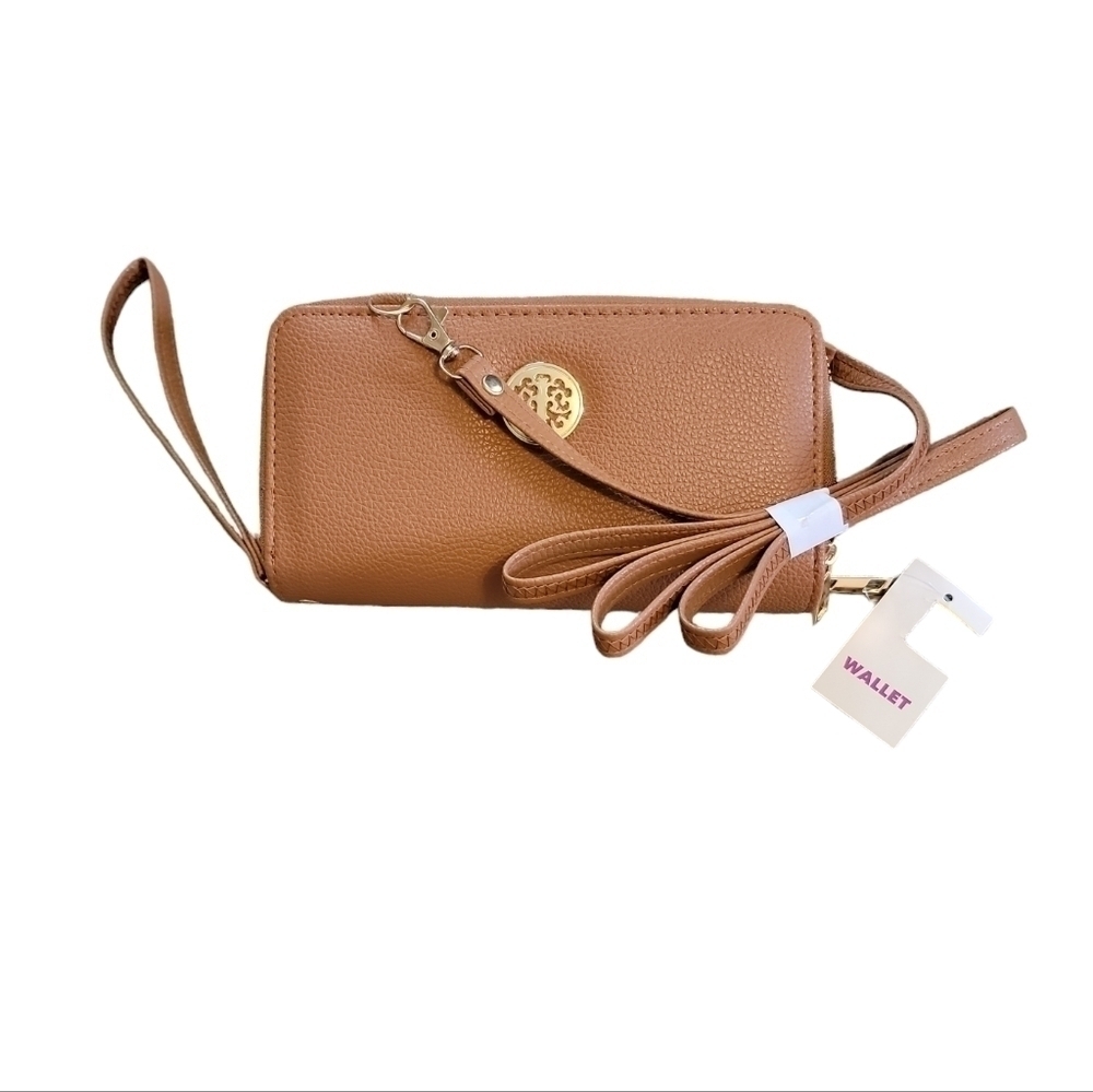 Women's brown Faux Leather Double Zip wallet clutch W/ crossbody strap NEW! - Picture 7 of 7